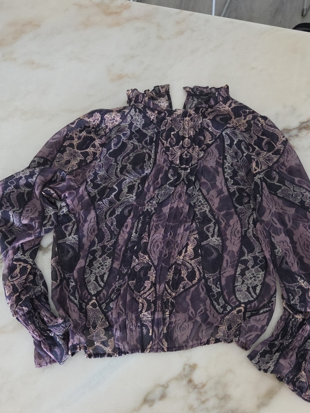 Guess Purple Lace-Print Long Sleeve Blouse